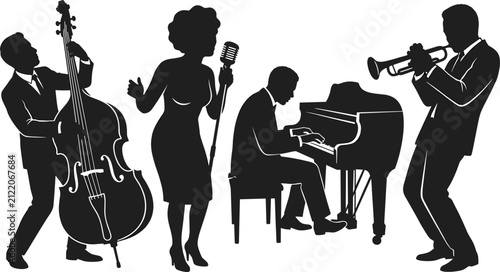 Elegant black silhouettes of a jazz band performing with a singer, piano, trumpet, and double bass