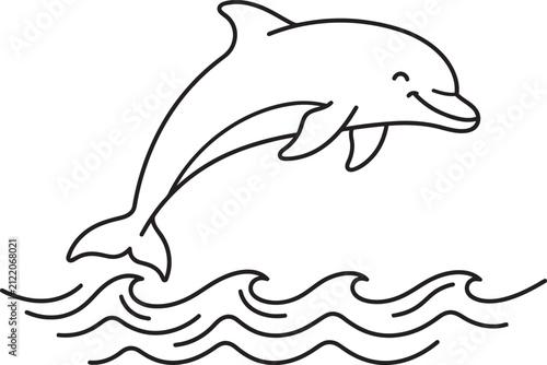 Simple line art of a happy dolphin jumping out of ocean sea waves