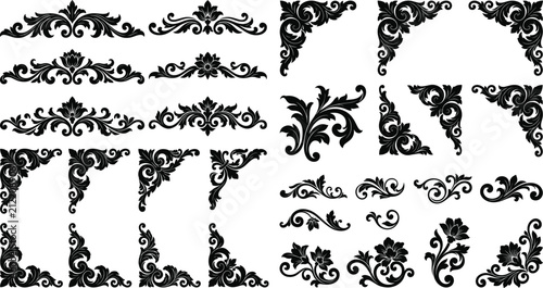 Ornate vintage baroque scroll flourishes and corner borders silhouette set for decorative design and invitations