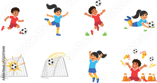 Cute diverse children soccer player character set with kids playing football scoring goals header jump and celebrating sports match victoriously