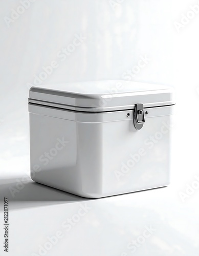White metal storage box with latches on light background.