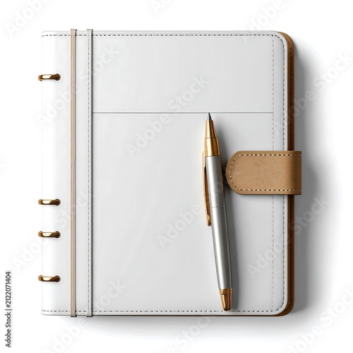 White Notebook with Pen and Tan Strap on Clean Background.