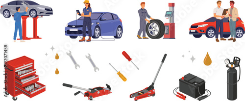 Car repair shop and auto mechanic vector icon set with maintenance workers, tool chest, hydraulic jack, tire balancer, battery, and diagnostic equipment