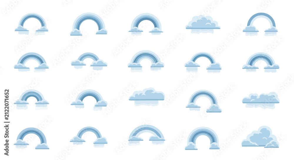 Fototapeta premium Rainbow icons arranged in a grid feature various weather patterns with fluffy clouds and colorful arcs for meteorological illustrations.