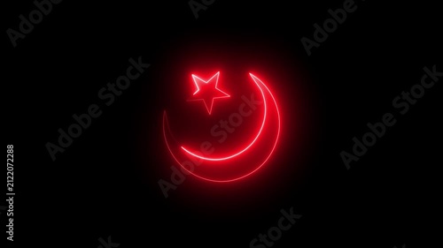 Red Glowing Neon Crescent Moon and Star Symbol Animated Icon Motion Graphics Stock Overlay Isolated Black Background Islamic Ramadan Eid Element.