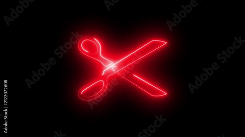 Red Glowing Neon Scissors Tool Animated Icon Motion Graphics Stock Overlay Isolated Black Background Hair Salon Tailor Barber Cut Symbol.
