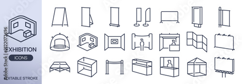 Exhibition, expo line icons set. Booth, banner, advertising stand, trade show tent, digital totem, and more icons. Editable Vector Stroke.