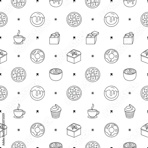 Seamless pattern with black and white outline of donuts, coffee, and sweets