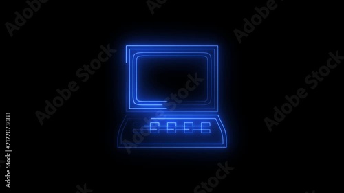 Blue Glowing Neon Laptop Computer Screen Animated Icon Motion Graphics Stock Overlay Isolated Black Background Tech PC Display Symbol.