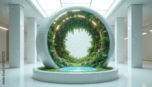 Futuristic circular portal with lush green climbing vines and foliage in a sterile minimalist interior hall for