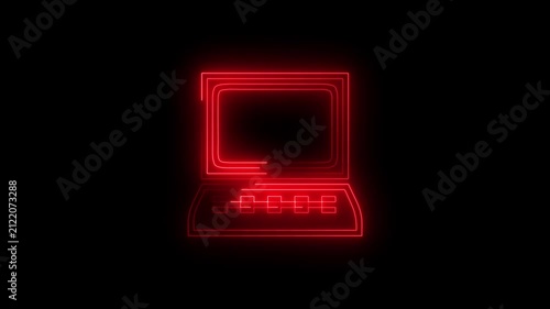 Red Glowing Neon Laptop Computer Screen Animated Icon Motion Graphics Stock Overlay Isolated Black Background Tech PC Display Symbol.