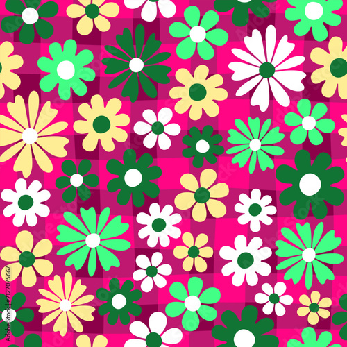 Bold Retro Flowers on Pink Checkered Pattern