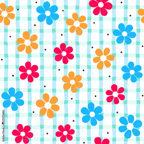 Playful floral pattern featuring colorful daisy flowers and tiny dots on a soft blue and mint plaid background.