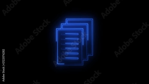 Blue Glowing Neon Document Files Stack Animated Icon Motion Graphics Stock Overlay Isolated Black Background Paper Folder Text Pages Symbol.