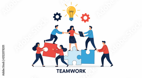 Team of diverse professionals collaborating in unity with puzzle pieces.