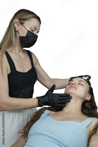 woman lies in an armchair, receiving a massage after a cosmetic injection, relaxing after a rejuvenation procedure, isolated object on transparent background, png
