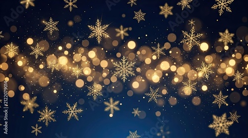 Golden snowflakes drift across a dark blue background filled with shimmering lights. The image evokes a festive and magical winter atmosphere.
