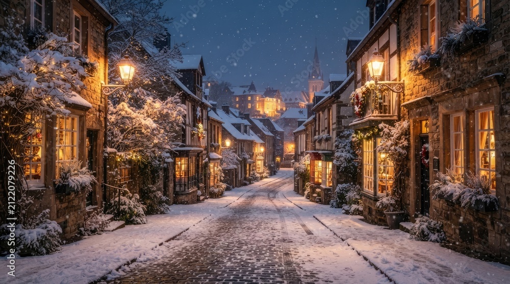 Fototapeta premium Snow falls softly on a charming, snow-covered cobblestone street in a medieval European town. Warm, inviting lights glow from the windows of stone 