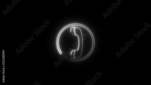 White Glowing Neon Phone Receiver Circle Badge Animated Icon Motion Graphics Stock Overlay Isolated Black Background Call Center Contact Us Symbol.