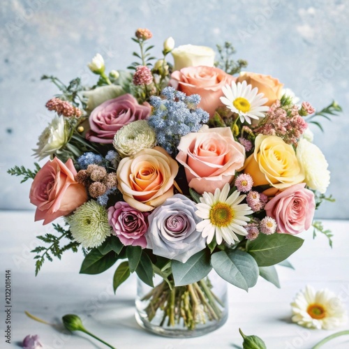 Colorful flower bouquet with pink and yellow roses in glass vase