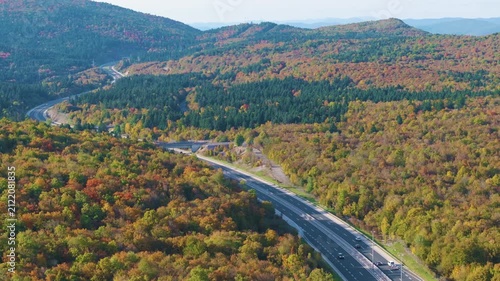 AERIAL: Modern highway curving between colourful forested hills in Croatia. Green, yellow, orange, and red foliage surrounds the roadway, bridges, and passing vehicles in a vivid autumn landscape.