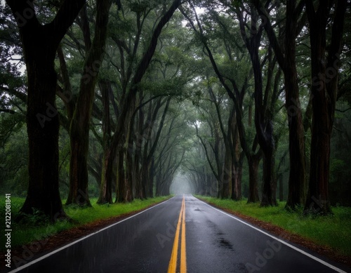 Lush tree-lined road with wet asphalt and yellow center lines, surrounded by dense greenery and fog, creating a serene and tranquil atmosphere in a natural setting
