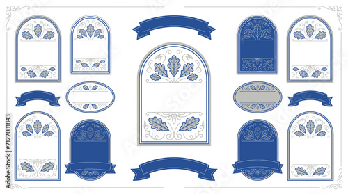 Vintage Ornament Frame Set, Oak Leaf Decorative Labels, Blue Ribbons