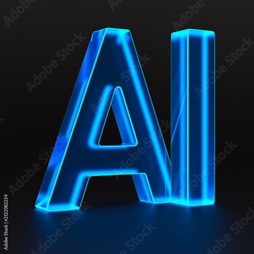 Neon symbol AI on dark background. 3D illustration