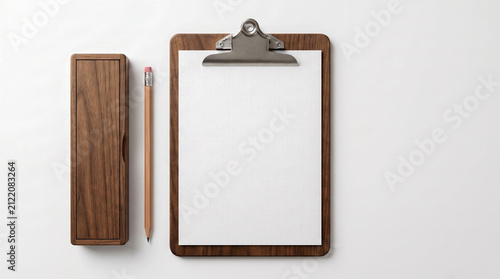Blank White Paper on Dark Wooden Clipboard Mockup with Pencil and Pencil Box Flat Lay