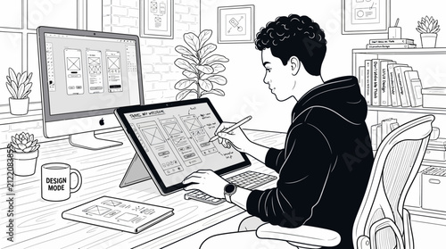 Young designer working on digital interface on tablet and desktop computer, illustration