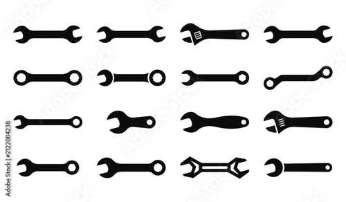 Wrench Silhouette Professional Hand Tool Glyph Vector Icon Set with Open End, Box End, Adjustable, Combination, and Mechanical Spanner Collection