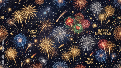 Photography Vibrant New Year's Eve Fireworks Display Pattern with Stars and Confetti