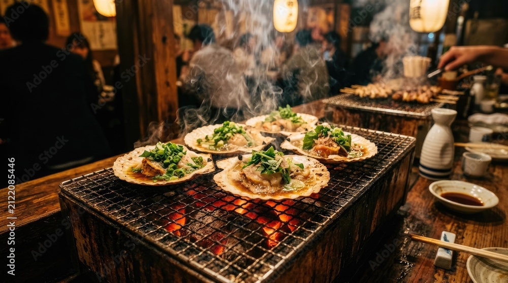 Fototapeta premium A close-up shot captures a bustling izakaya (Japanese pub) interior. Several plates of grilled scallops, glistening with sauce and garnished with greens, 
