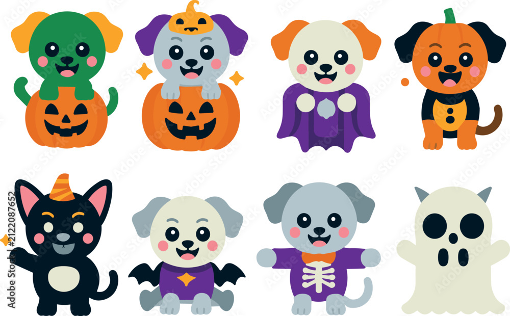 Fototapeta premium Cute Halloween Dog and Cat Characters Set with Pumpkins and Costumes Vector Illustration