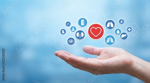 close up young woman hand gesture and show about internal organ donation of human cell on blue background for kindness of living and medical nonprofit concept