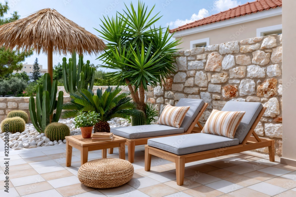 Fototapeta premium Outdoor patio with sunbeds, cactuses, and stone wall