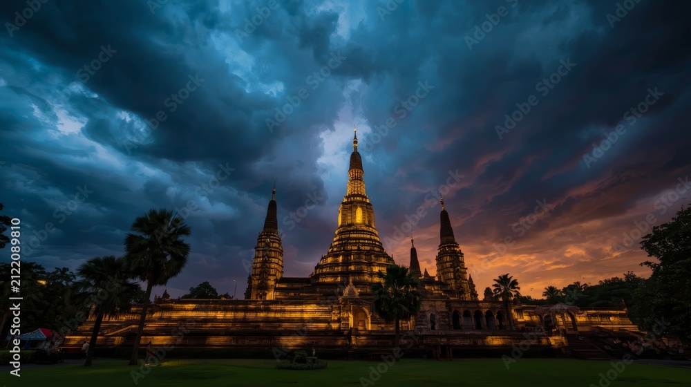 Fototapeta premium Illuminated temple architecture against dramatic twilight storm clouds at dusk with sky deep blue