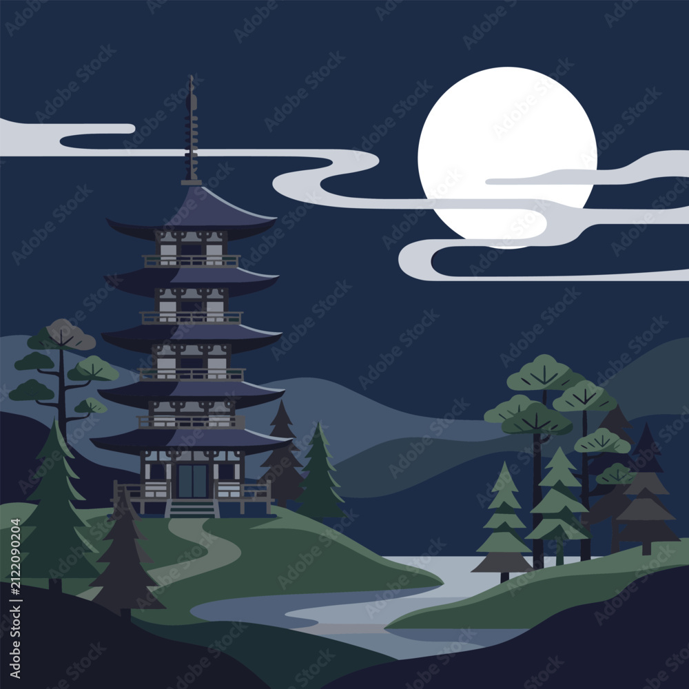 Naklejka premium Tranquil japanese pagoda on hill at night under full moon with stylized clouds and landscape.