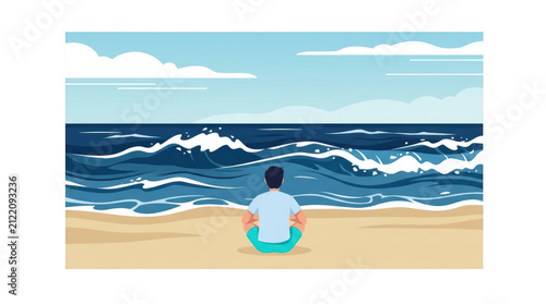 A man sitting in a meditative pose on the beach looking at the ocean waves isolated on transparent background