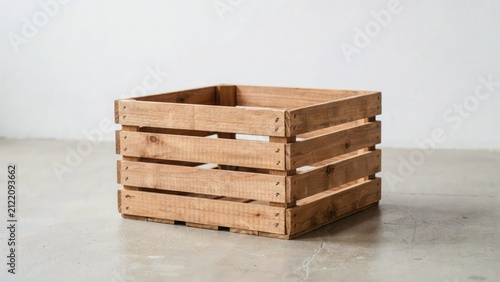 Empty weathered wooden crate with slats and visible grain on a light gray concrete floor against a white wall background.