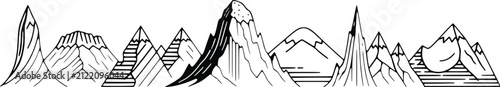 Hand Drawn Mountain Range Panorama Border Vector Line Art Illustration
