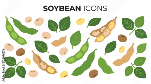 Soybean icons featuring pods beans and leaves on white backdrop.