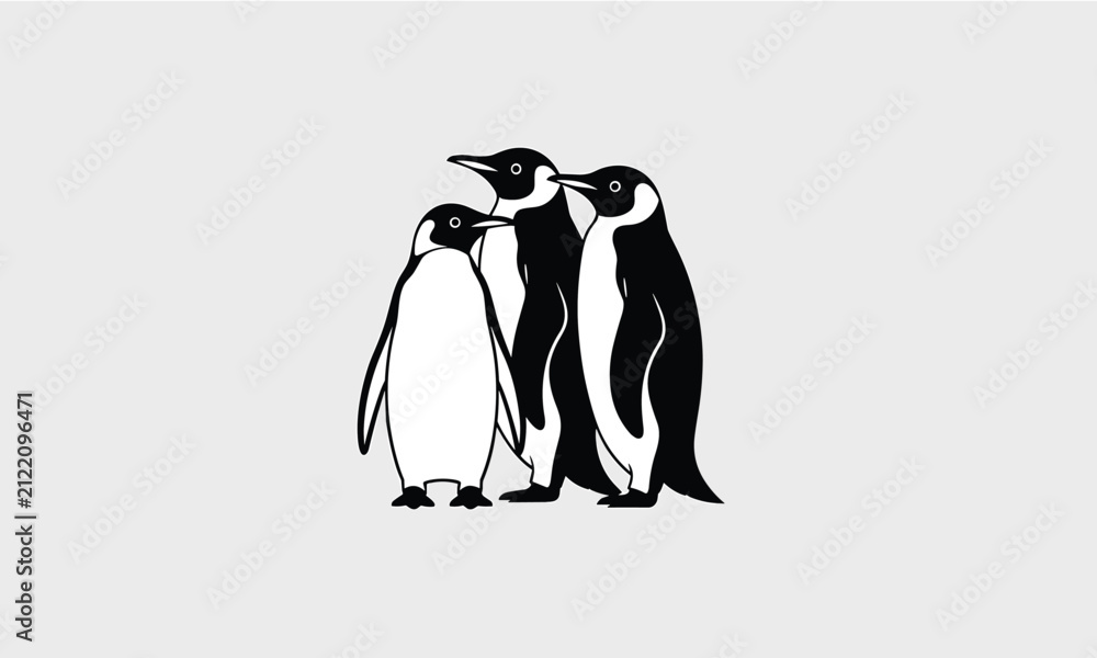 Obraz premium Three Stylized Penguins Standing Together on a Light Gray Background