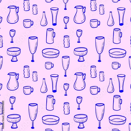 Hand Drawn Glassware Seamless Pattern on Soft Pink Background, Best For Textile Design, Background, or Backdrop