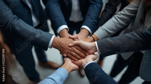 Diverse Business Team Joining Hands Together in a Circle for Unity, Teamwork, and Corporate Success