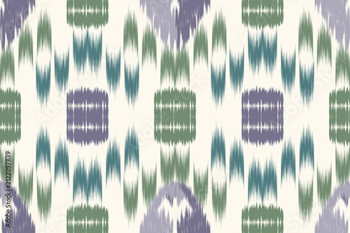 Pastel Purple and Green Ikat Aztec Tribal Ethnic Abstract Geometric Seamless Pattern Vector Art. Traditional Uzbek Ikat Style design for fabric, wallpaper, fashion, textile print, Decor, curtains
