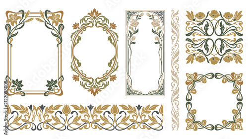 Decorative art nouveau floral frames and border design ornament set.
