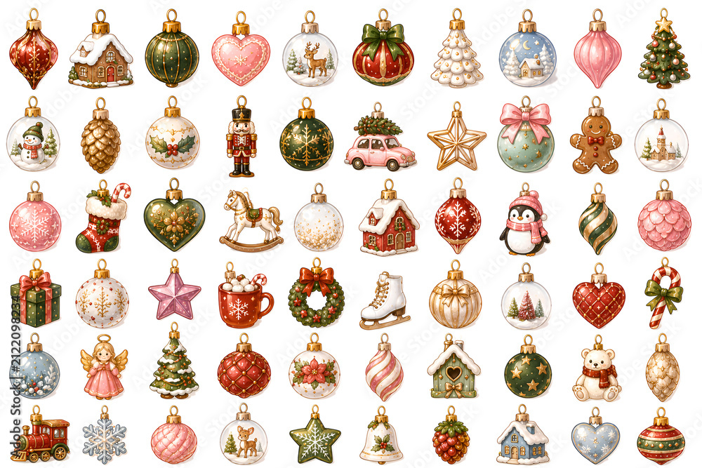 Fototapeta premium Cute Christmas Ornament Sticker Collection with Festive Holiday Decorations on a white background. Hanging Christmas baubles