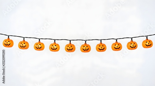 String of glowing jackolantern pumpkin lights isolated on white background