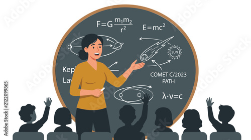 Female Physics Teacher Explaining Astronomy and Celestial Mechanics to Students in a Classroom Setting
